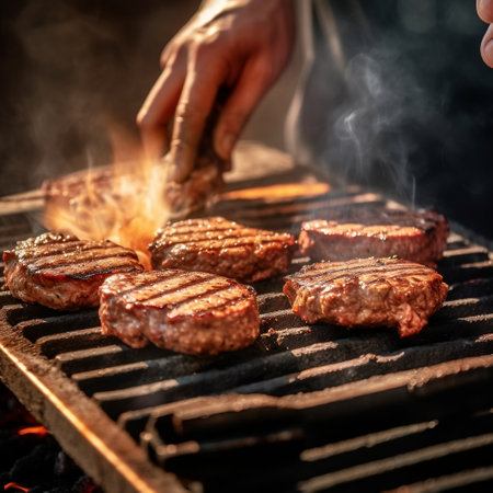 Grilling Man Flipping Beef Burgers Generative AIの素材