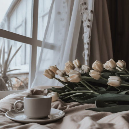 Coffee and White Tulips Bedside Beauty Generative AIの素材
