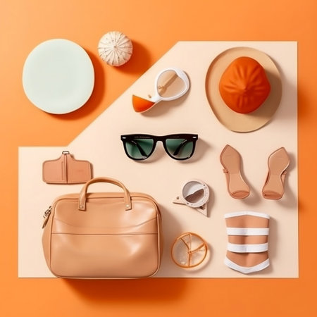 Modern Beach Accessories Flat Lay Generative AIの素材