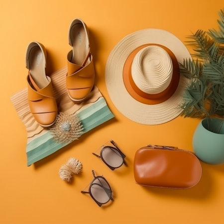 Modern Beach Accessories Flat Lay Generative AIの素材