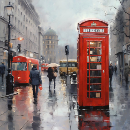 London Town Street with Red Bus and Red Phone Booth Generative AIの素材