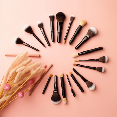 Makeup Brush and Decorative Cosmetics on a Pastel Background Generative AIの素材