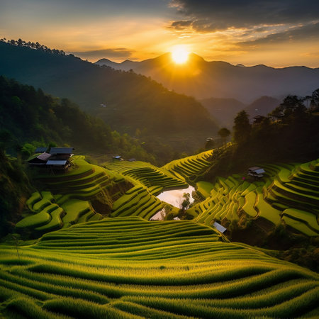 Sunlight at Twilight: Rice Farm Landscape Generative AIの素材