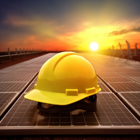 Yellow Safety Helmet on Solar Cell Panel at Sunrise Generative AIの素材