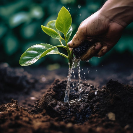 Close-Up of Hand Watering the Sapling of the Plant AIの素材