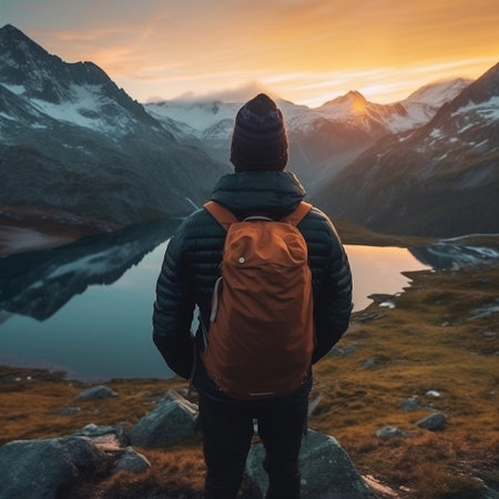 Mountaineer Man Watching Mountain and Lake View at Sunrise Generative AIの素材