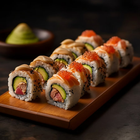 Maki and Rolls with Tuna, Salmon, Shrimp, Crab, and Avocado Generative AIの素材