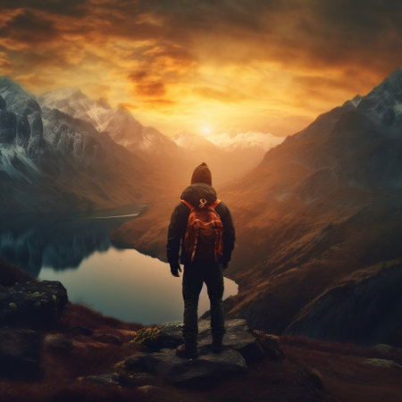 Mountaineer Man Watching Mountain and Lake View at Sunrise Generative AIの素材