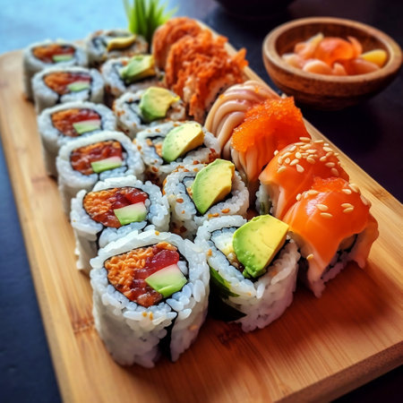 Maki and Rolls with Tuna, Salmon, Shrimp, Crab, and Avocado Generative AIの素材