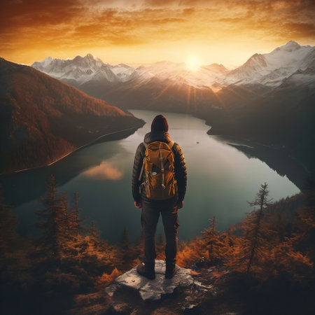 Mountaineer Man Watching Mountain and Lake View at Sunrise Generative AIの素材