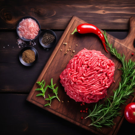 Overhead Shot of Fresh Raw Beef Minced Meat on Dark Surface Generative AIの素材