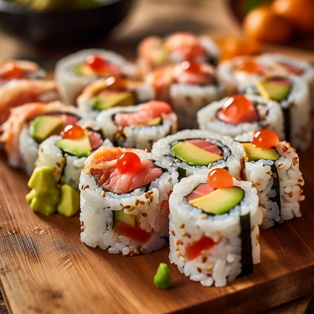 Maki and Rolls with Tuna, Salmon, Shrimp, Crab, and Avocado Generative AIの素材