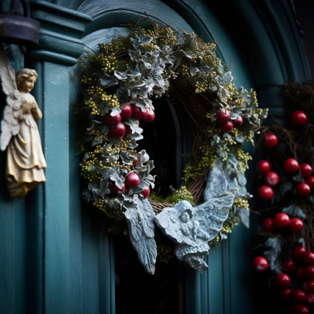 Close-up of a festive Christmas wreath on a door AIの素材