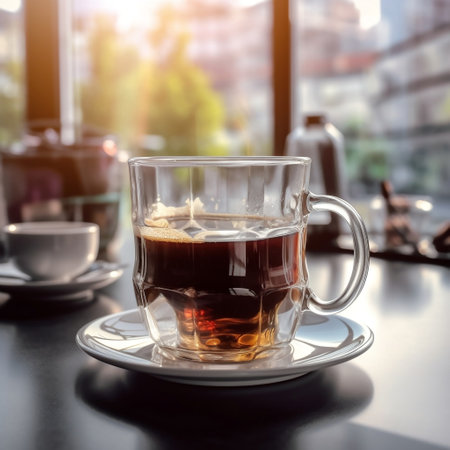 Freshly brewed coffee in a glass mug on a wooden table AIの素材