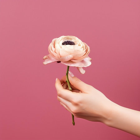 A graceful hand holding a lovely ranunculus flower AIの素材