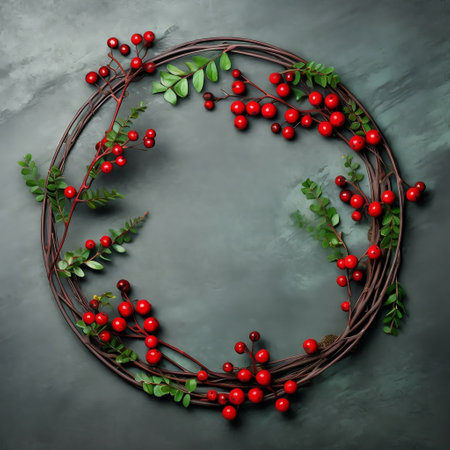 A circular arrangement of green twigs and red berries AIの素材