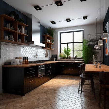 Modern and chic kitchen with white tiles and dark fixtures AIの素材