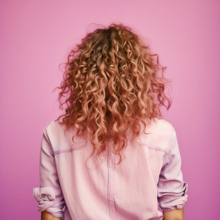 Mysterious woman with curly hair against a pink backdrop AIの素材