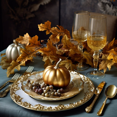 Elegant Thanksgiving table setting with decorative golden accents AIの素材