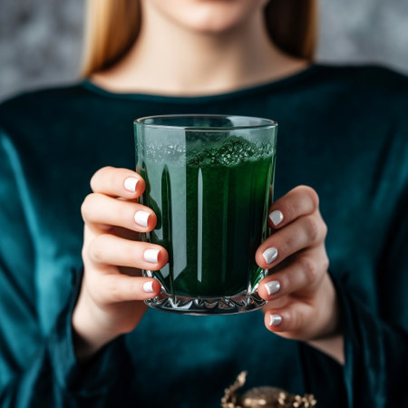 Woman holding a glass of nutritious spirulina drink AIの素材