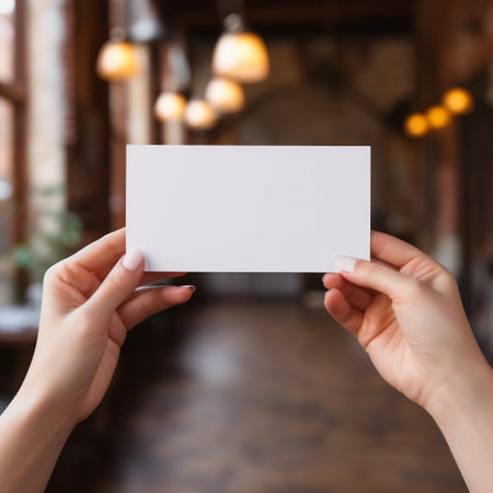 Woman's hand holding a blank white paper card AIの素材