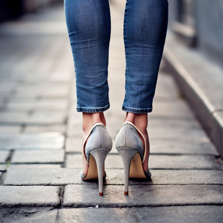 Close-up of woman's feet in high heel shoes and jeans AIの素材