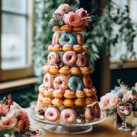 Decadent wedding cake with donut accents AIの素材