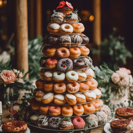 Decadent wedding cake with donut accents AIの素材
