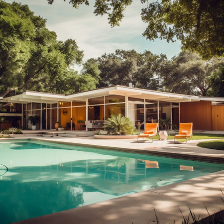 American Mid-Century Modern House Featuring a Swimming Pool AIの素材