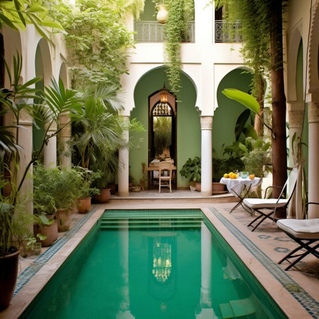 Exquisite Riad Patio Featuring a Swimming Pool AIの素材