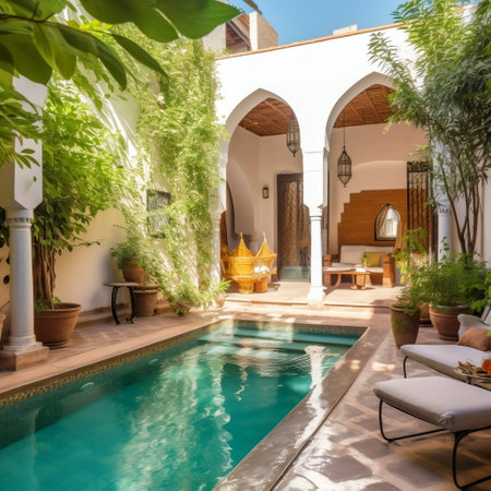 Exquisite Riad Patio Featuring a Swimming Pool AIの素材