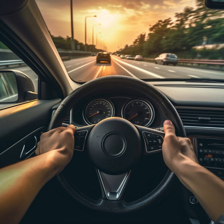 Close-up Firm Grip on the Steering Wheel AIの素材