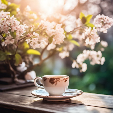 Coffee Delight Cup on Wooden Table with Floral Accents AIの素材