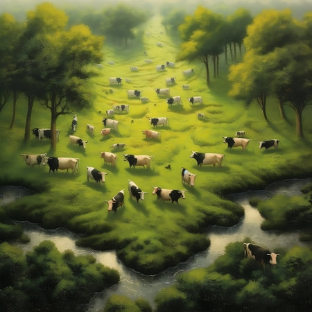 Grazing Cows Herd Enjoying Fresh Grass on the Glade AIの素材