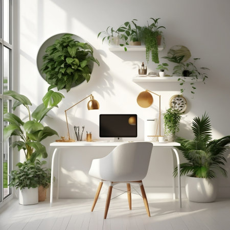 Refreshing Interior White Desk with Plants AIの素材