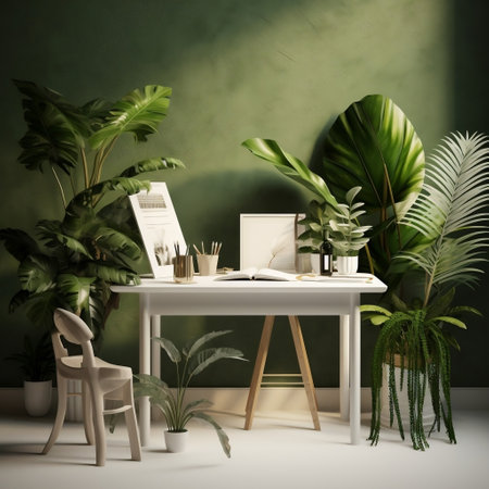 Refreshing Interior White Desk with Plants AIの素材
