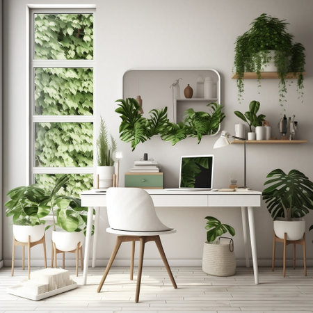 Refreshing Interior White Desk with Plants AIの素材