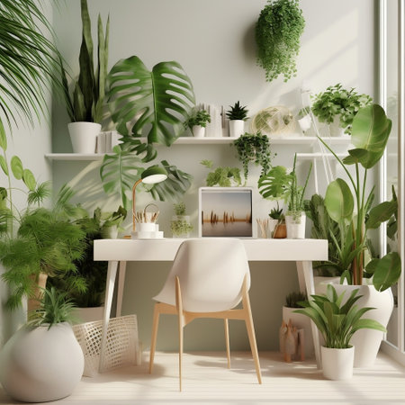 Refreshing Interior White Desk with Plants AIの素材