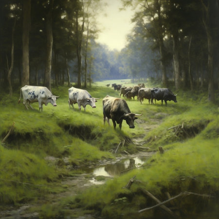 Grazing Cows Herd Enjoying Fresh Grass on the Glade AIの素材