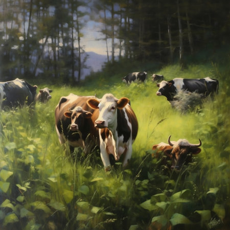 Grazing Cows Herd Enjoying Fresh Grass on the Glade AIの素材