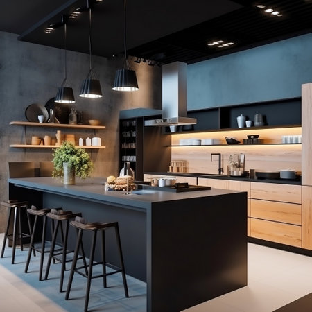 Contemporary Culinary Space: Modern Kitchen Interior with Home Decor AIの素材