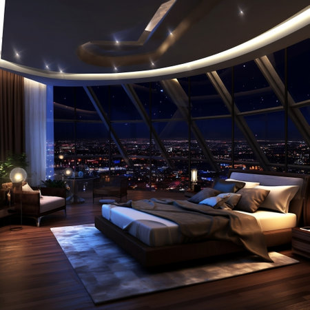 Elegant Nighttime Retreat Luxury Penthouse Bedroom AIの素材
