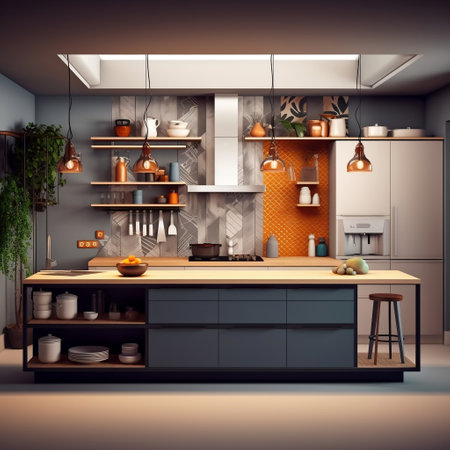 Contemporary Culinary Space: Modern Kitchen Interior with Home Decor AIの素材