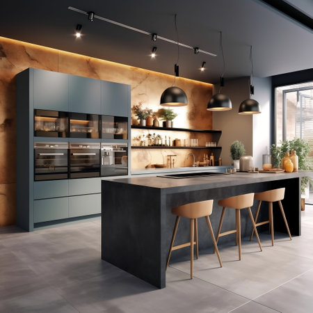 Contemporary Culinary Space: Modern Kitchen Interior with Home Decor AIの素材