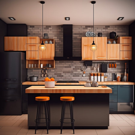 Contemporary Culinary Space: Modern Kitchen Interior with Home Decor AIの素材