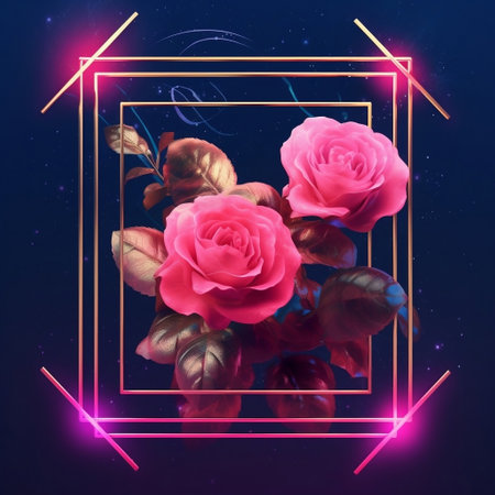 Radiant Roses Pink Floral Composition with Neon Frame AIの素材