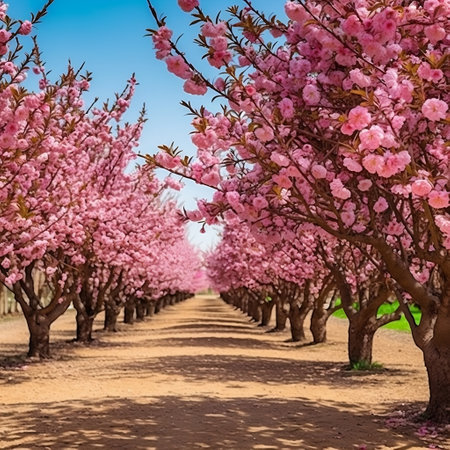 Blooming Beauty Almond Trees on the Fruit Farm AIの素材