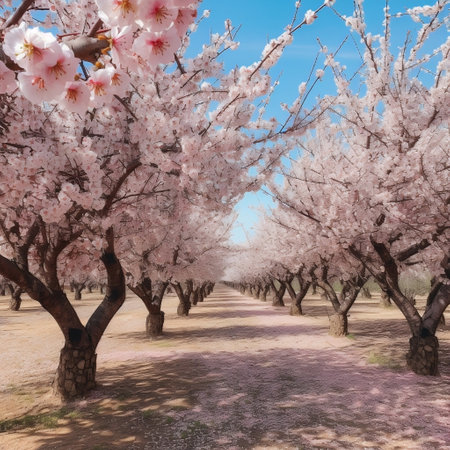 Blooming Beauty Almond Trees on the Fruit Farm AIの素材