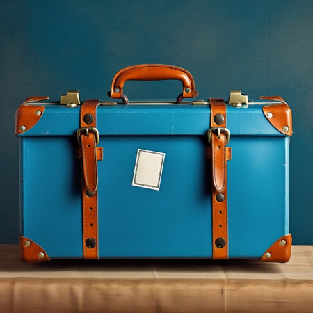 Travel Ready Closeup of Blue Suitcase with Empty Paper Label AIの素材