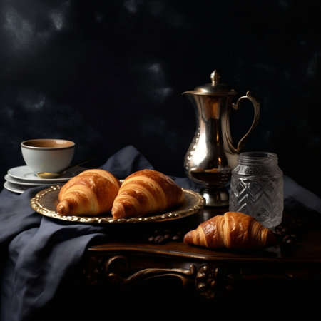 Morning Delights Coffee and Croissants on a Black Table AIの素材